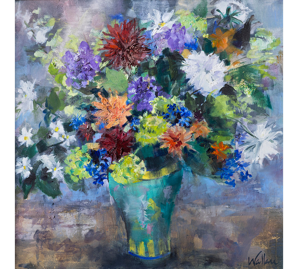 Dahlias and Cornflowers in Green Vase