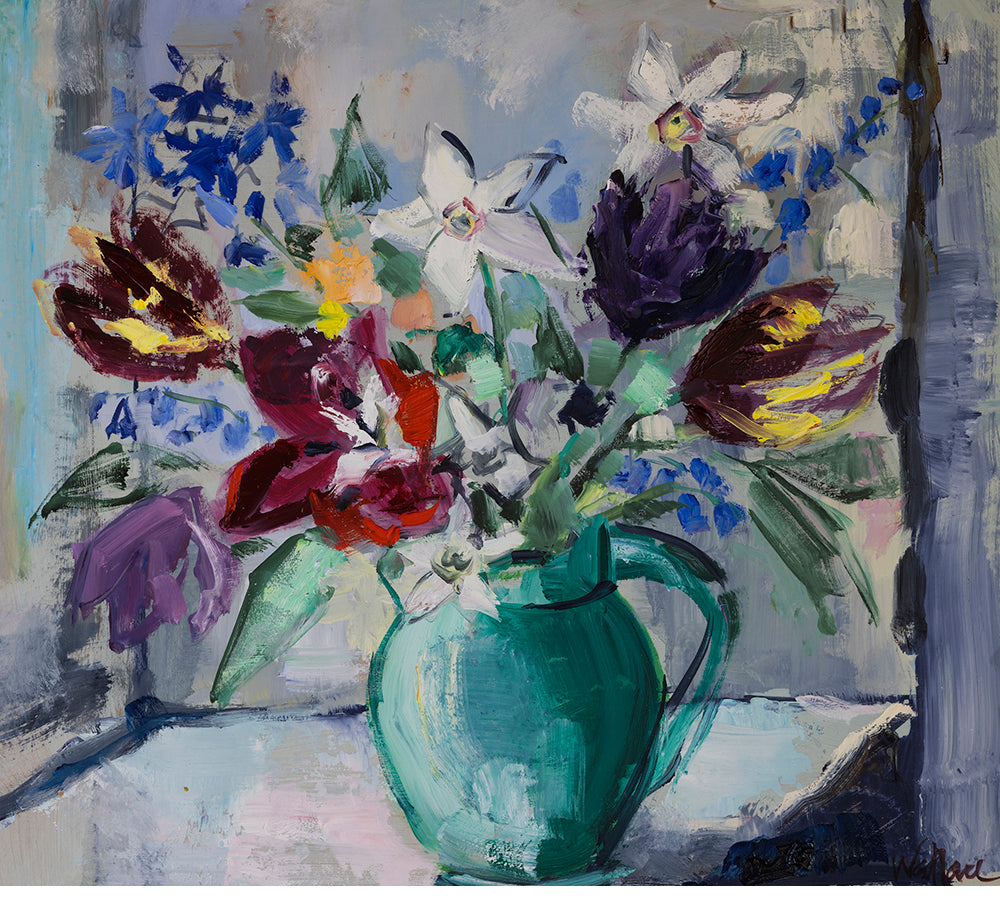 Tulips and Daffodils in Green Jug