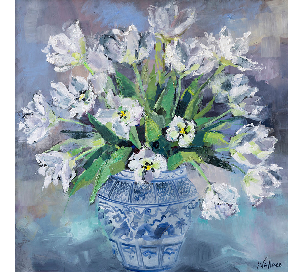 White Tulips in Blue and White Vase