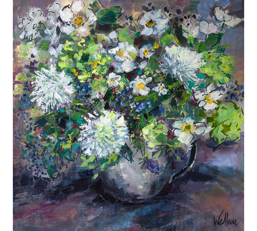 White Flowers and Berries in Pewter Jug